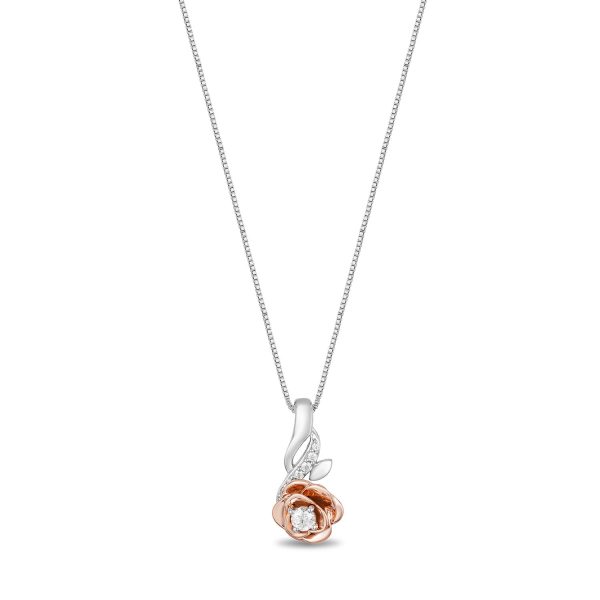 Enchanted Disney Fine Jewelry 14K Rose Gold Over Sterling Silver with 1 10 CTTW Diamonds Belle Rose Necklace Discount