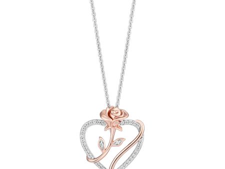 Enchanted Disney Fine Jewelry 14K Rose Gold Over Sterling Silver with 1 6 CTTW Diamonds Belle Rose with Heart Pendant Necklace Cheap