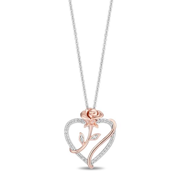 Enchanted Disney Fine Jewelry 14K Rose Gold Over Sterling Silver with 1 6 CTTW Diamonds Belle Rose with Heart Pendant Necklace Cheap