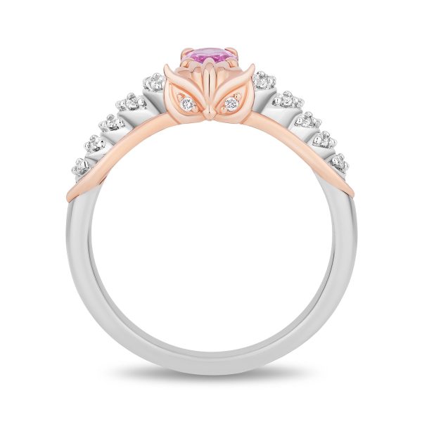 Enchanted Disney Fine Jewelry 14K Rose Gold Over Sterling Silver with 1 8 CTTW Diamonds and Created Pink Sapphire Sleeping Beauty 65th Anniversary Celebration Aurora Owl Ring Hot on Sale