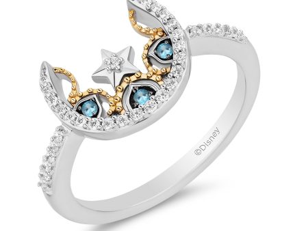 Enchanted Disney Fine Jewelry  Black Rhodium Over Sterling Silver and 10K Yellow Gold with 1 6 CTTW Diamonds and Swiss Blue Topaz Jasmine Moon with Star Ring Fashion