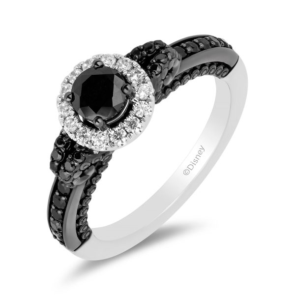 Enchanted Disney Fine Jewelry 14K White Gold with Black Rhodium Ursula Halo Engagement Ring with 1 CTTW Diamonds and Peek-a-boo Black Pearl For Cheap