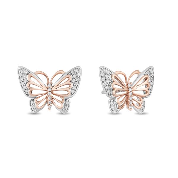 Enchanted Disney Fine Jewelry Sterling Silver and 10K Rose Gold 1 10 CTTW Natural White Round Diamond Mulan Butterfly Earrings Online Hot Sale