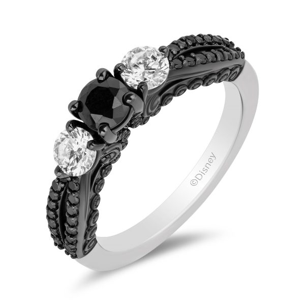 Enchanted Disney Fine Jewelry 14K White Gold with Black Rhodium Ursula Black and White diamond Three Stone Engagement ring with 1 1 4 CTTW Diamonds For Discount