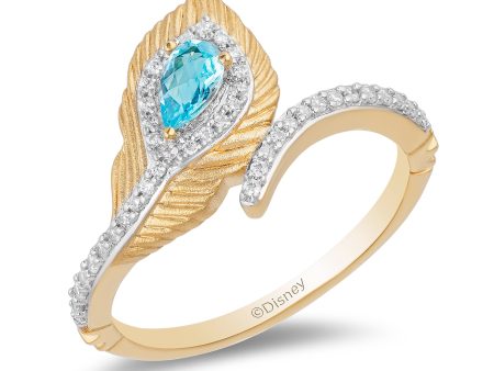 Enchanted Disney Fine Jewelry 10K Yellow Gold 1 6 CTTW Diamond with Swiss Blue Topaz Jasmine Peacock Feather Ring Online Sale