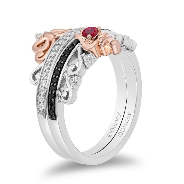 Enchanted Disney Fine Jewelry Sterling Silver and 10K Rose Gold with 1 4 CTTW Diamond and Ruby Snow White and Evil Queen Duo Ring Set For Cheap