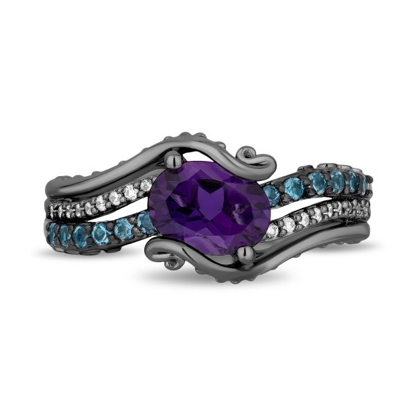 Enchanted Disney Fine Jewelry Black Rhodium Over Sterling Silver with 1 10 CTTW Diamonds, Amethyst and Swiss Blue Topaz Ursula Ring Online Sale