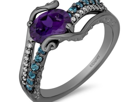 Enchanted Disney Fine Jewelry Black Rhodium Over Sterling Silver with 1 10 CTTW Diamonds, Amethyst and Swiss Blue Topaz Ursula Ring Online Sale