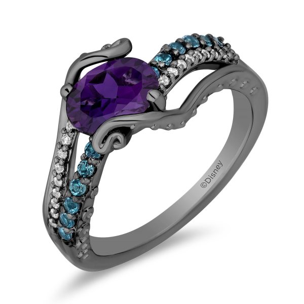 Enchanted Disney Fine Jewelry Black Rhodium Over Sterling Silver with 1 10 CTTW Diamonds, Amethyst and Swiss Blue Topaz Ursula Ring Online Sale