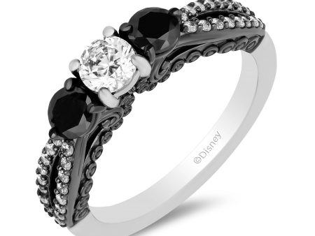 Enchanted Disney Fine Jewelry 14K White Gold with Black Rhodium Ursula Three Stone Engagement ring with Black Diamond Shoulder Stone and 1 1 4 CTTW Diamonds Cheap