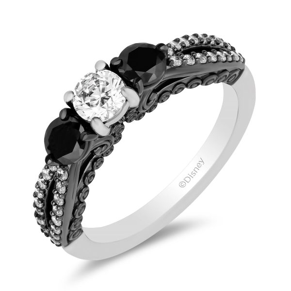 Enchanted Disney Fine Jewelry 14K White Gold with Black Rhodium Ursula Three Stone Engagement ring with Black Diamond Shoulder Stone and 1 1 4 CTTW Diamonds Cheap