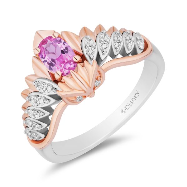 Enchanted Disney Fine Jewelry 14K Rose Gold Over Sterling Silver with 1 8 CTTW Diamonds and Created Pink Sapphire Sleeping Beauty 65th Anniversary Celebration Aurora Owl Ring Hot on Sale