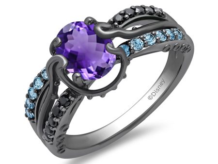 Enchanted Disney Fine Jewelry Black Rhodium Over Sterling Silver with 1 8 CTTW Diamonds, Amethyst and Swiss Blue Topaz Ursula Ring For Cheap