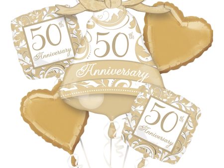 50th Anniversary Gold Scroll Balloon Bouquet 5pcs For Sale