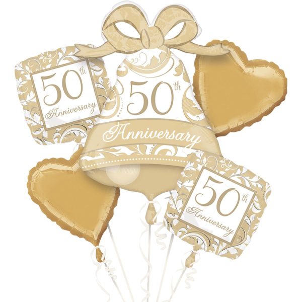 50th Anniversary Gold Scroll Balloon Bouquet 5pcs For Sale